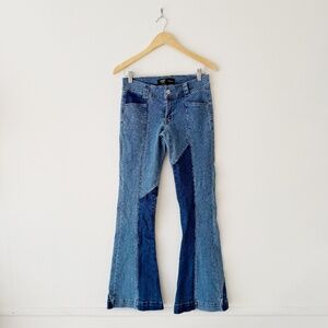 two-tone low rise patchwork flare jeans